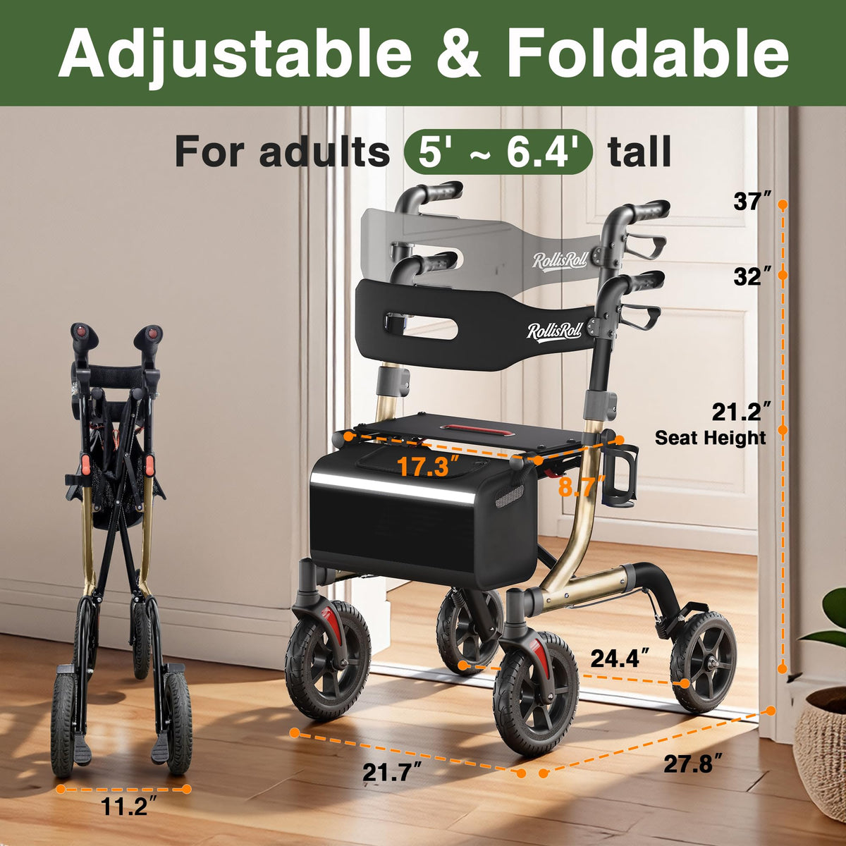 Foldable Aluminum Rollator Walker with Seat and 10" Wheels N585