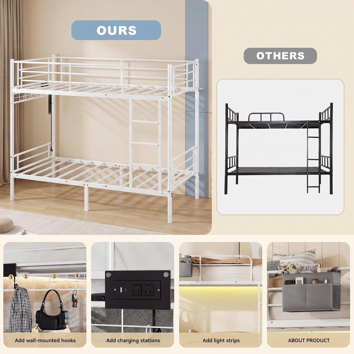 White Twin Over Twin Bunk Bed with LED Lights and Charging Station L183