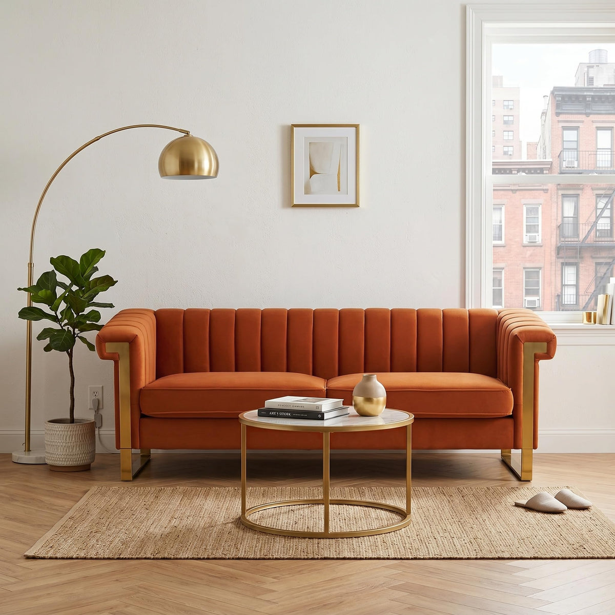 Orange Velvet 3 Seater Sofa with Gold Metal Legs M572