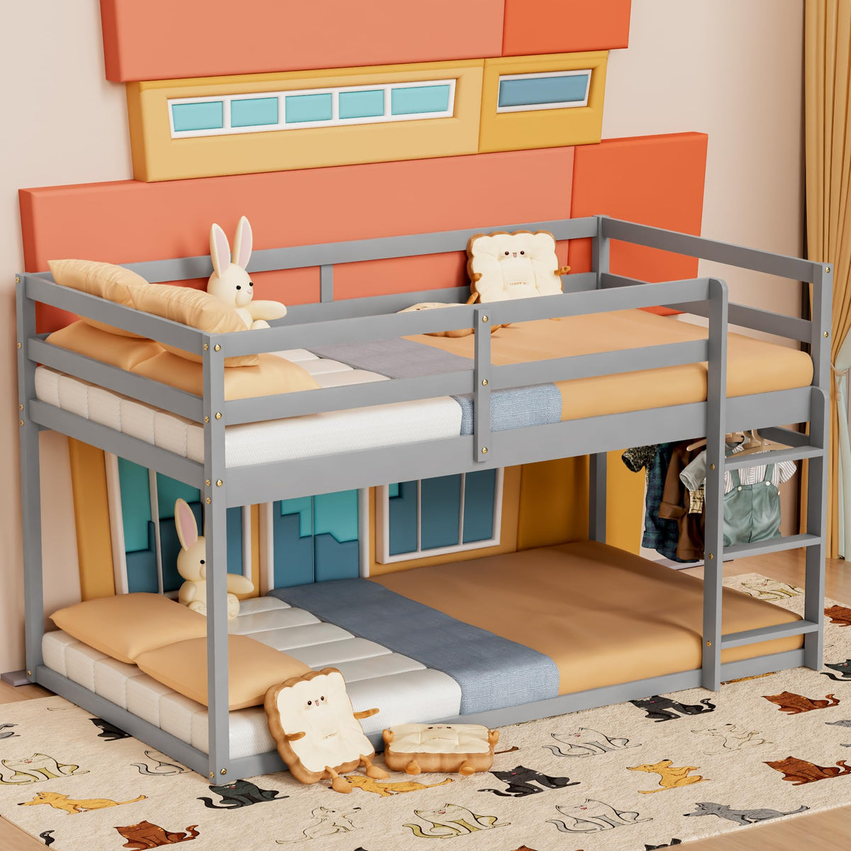 Low Twin Over Twin Wooden Bunk Bed with Ladder and Guardrails J591833