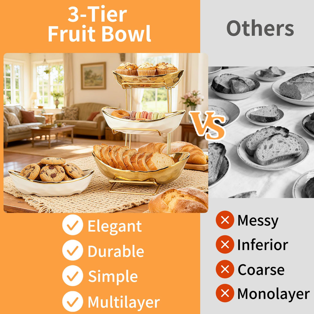 3 Tier Ceramic Fruit Bowl with Metal Rack V948