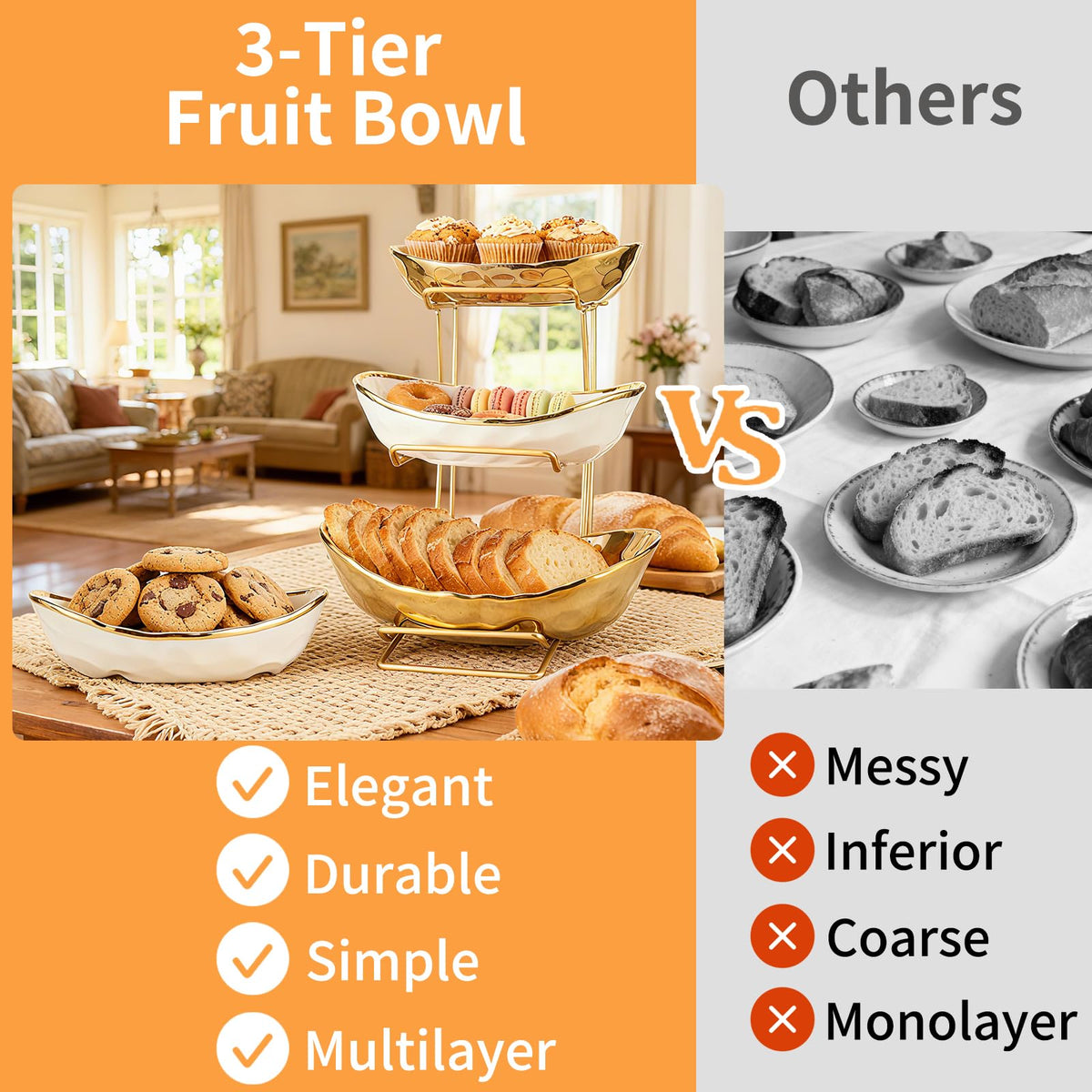 3 Tier Ceramic Fruit Bowl with Metal Rack V948