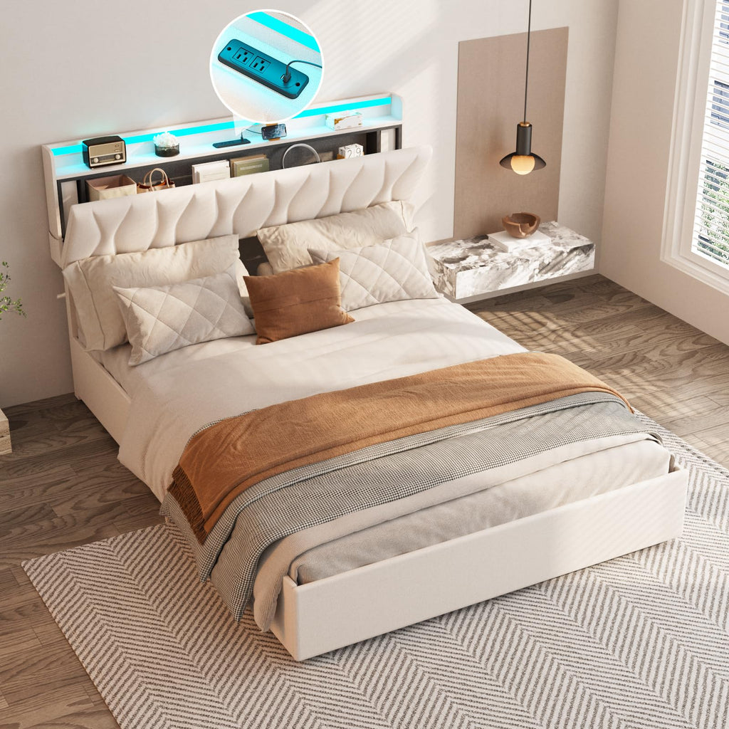 Beige Full Size Lift Up Storage Bed Frame with Charging Station D25786
