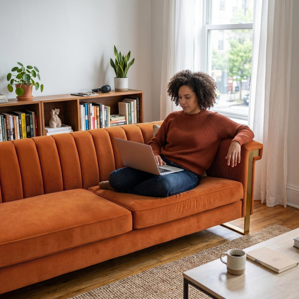 Orange Velvet 3 Seater Sofa with Gold Metal Legs M572