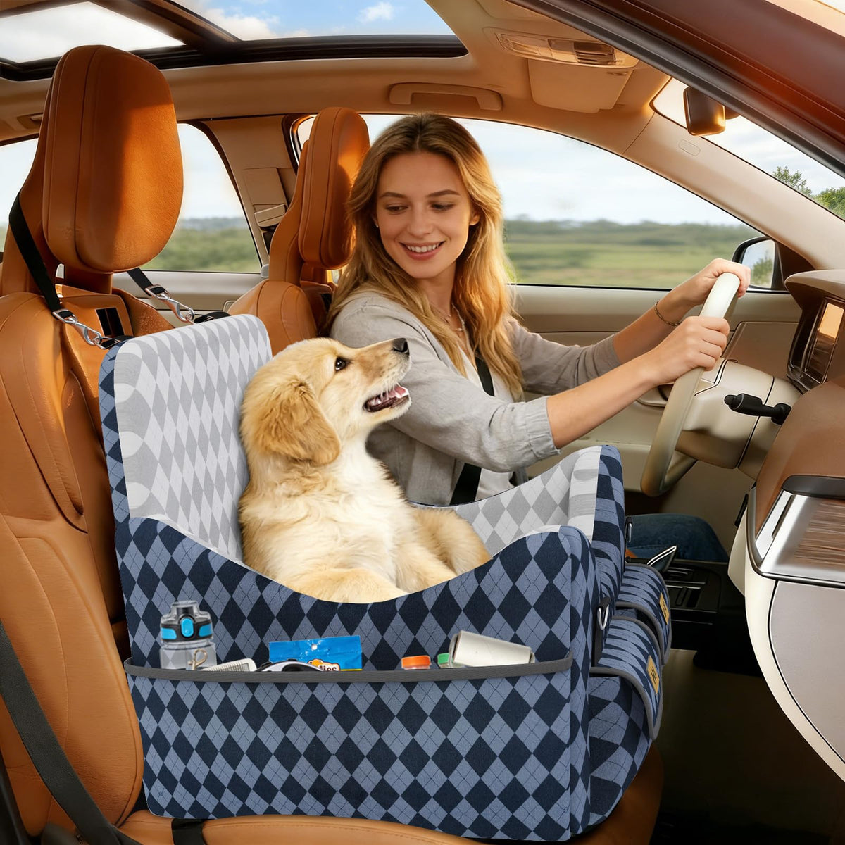 Memory Foam Dog Booster Seat with Safety Belt T7942