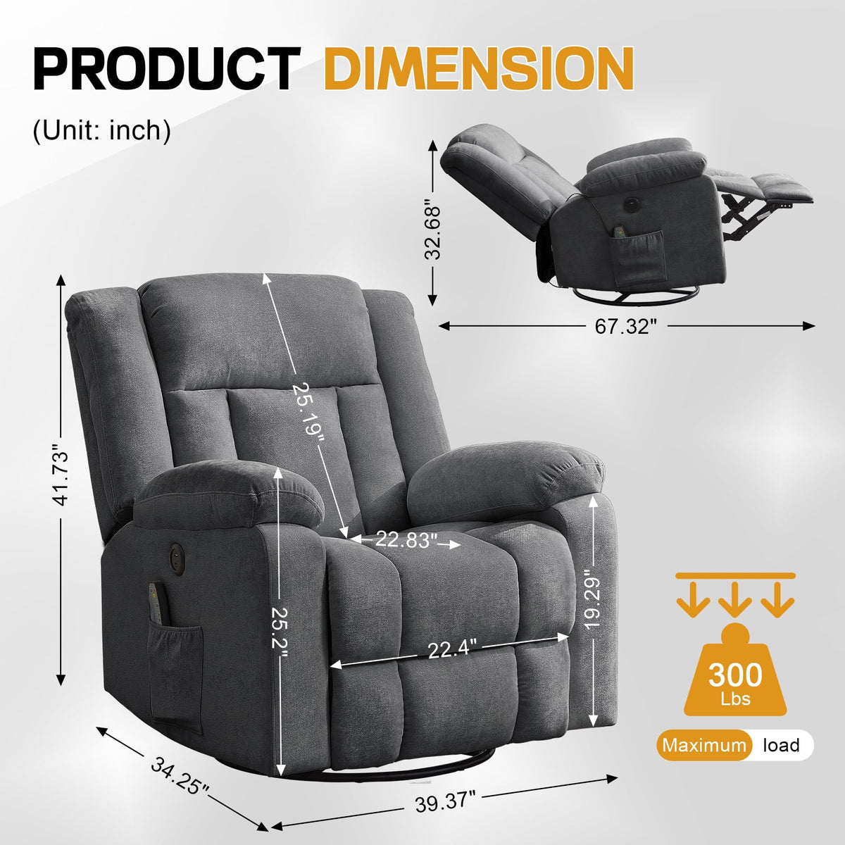 Grey Swivel Rocker Recliner with Massage and Heating E26613