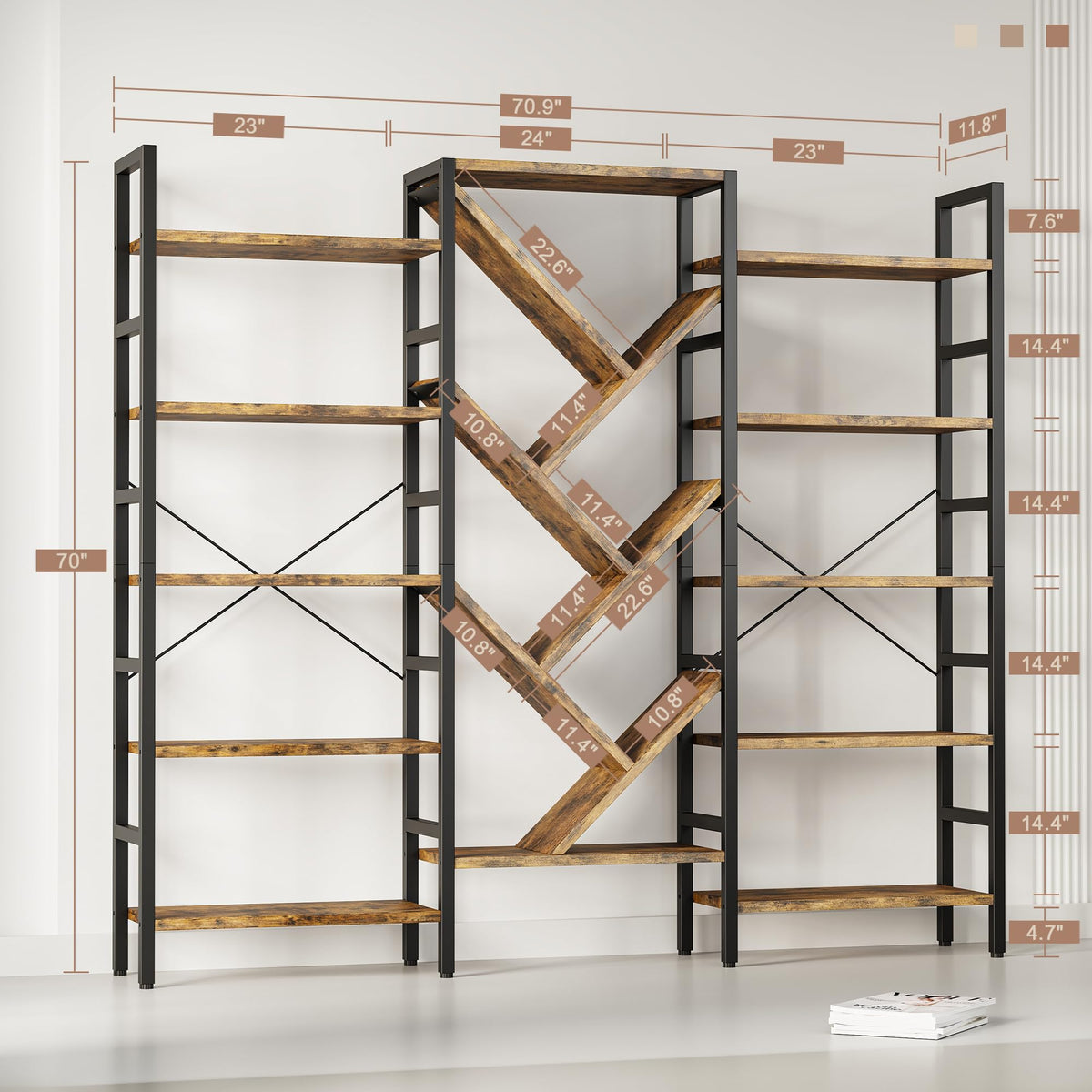 70x70 5 Tier Wooden Bookcase with 17 Open Shelf J783