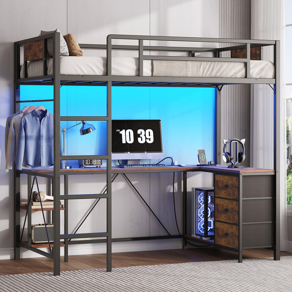 Twin Size Metal Loft Bed with L-Shaped Desk, 3 Storage Drawers, LED Light & Ladder U37846