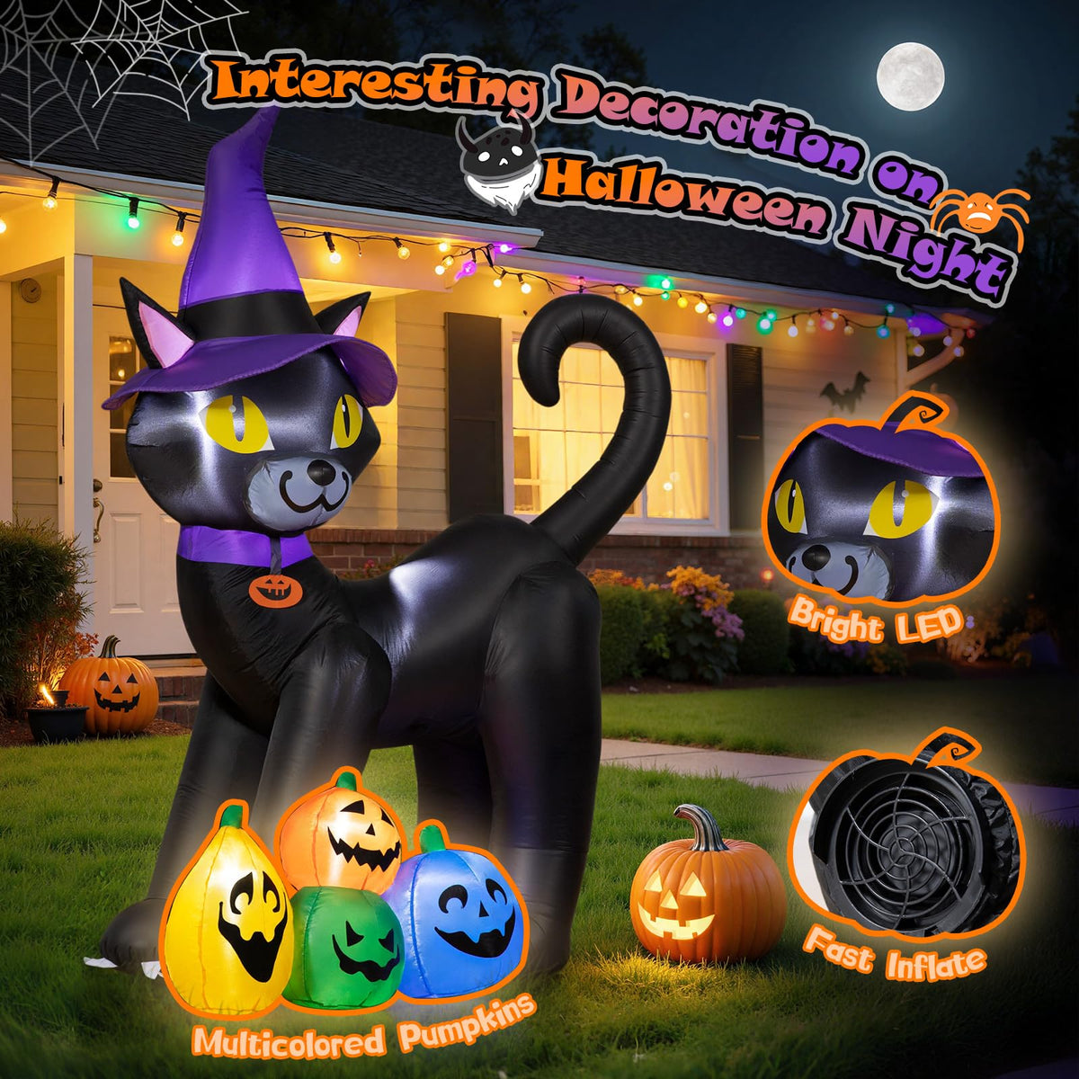 6FT Inflatable Black Cat with Witch Hat and 4 Pumpkins K454