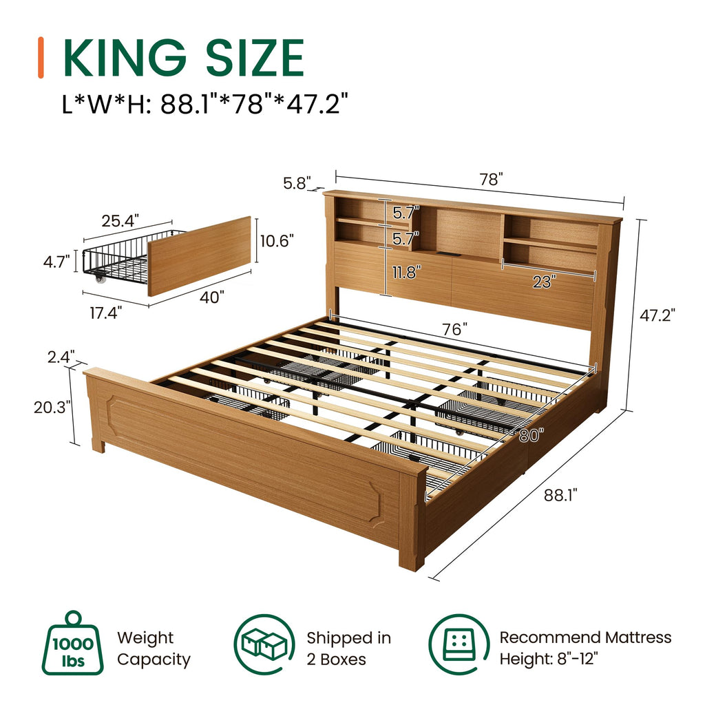 King Bed Frame with Headboard and Storage 4 Drawers Brown Z219149