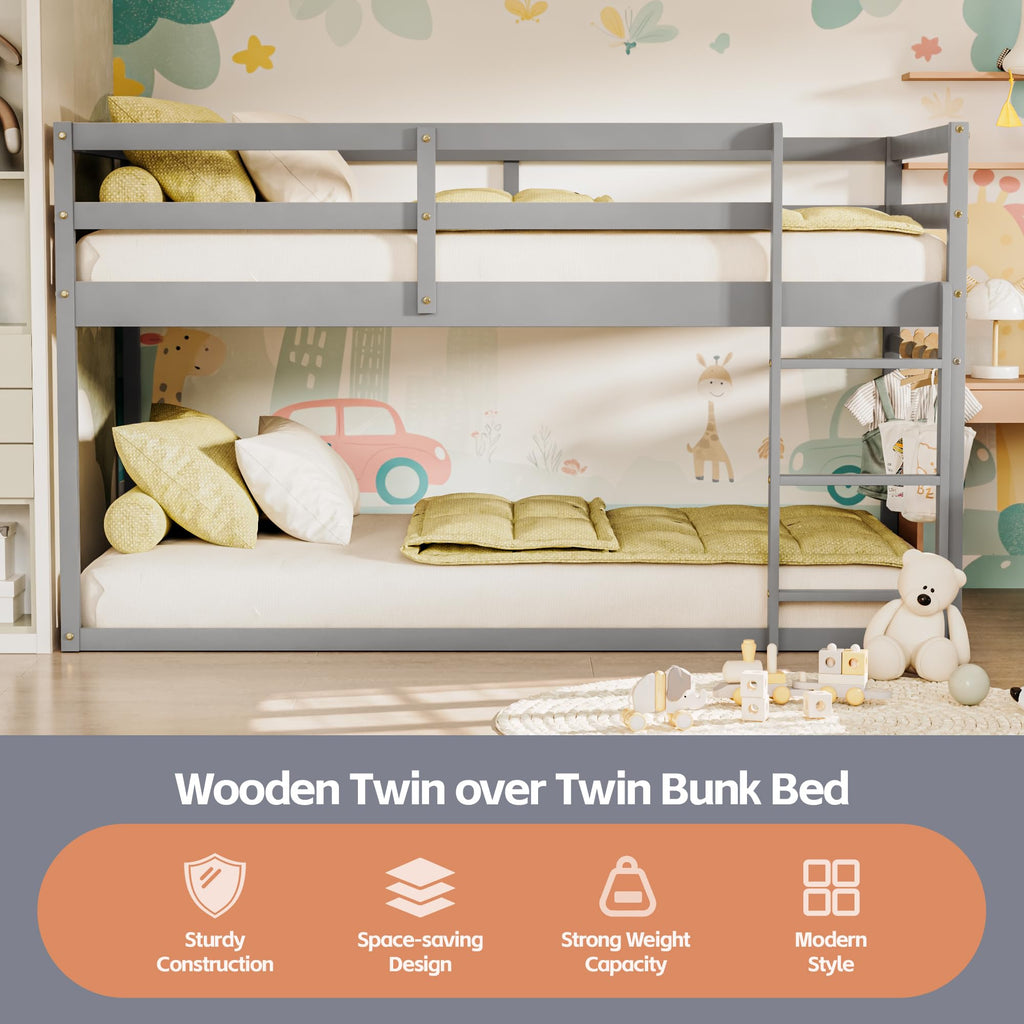 Low Twin Over Twin Wooden Bunk Bed with Ladder and Guardrails J591833
