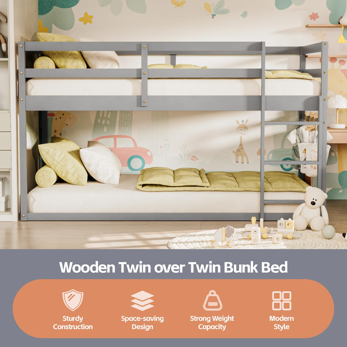 Low Twin Over Twin Wooden Bunk Bed with Ladder and Guardrails J591833