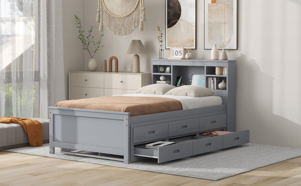 Twin Size Platform Bed with Storage Headboard, Trundle and 3 Drawers, Gray D785977