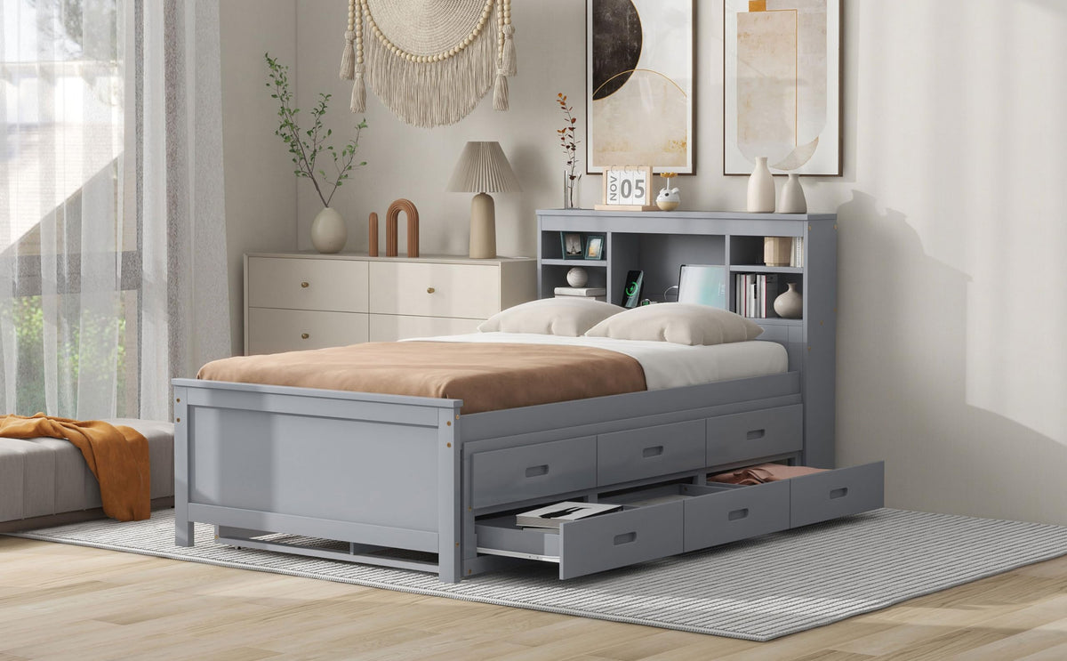 Twin Size Platform Bed with Storage Headboard, Trundle and 3 Drawers, Gray D785977