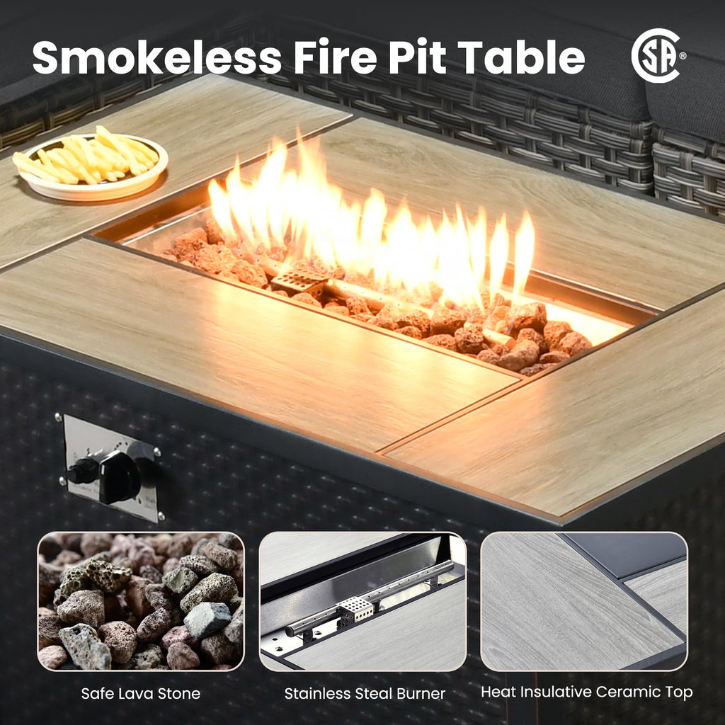 Charcoal Grey 9 Pieces Wicker Outdoor Sectional Sofa Set with Fire Pit Table J1889