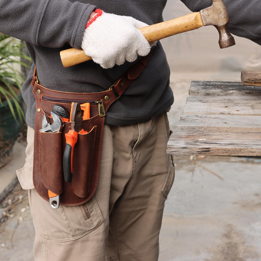 Brown Leather Gardening Tool Belt with 4 Pockets V9065