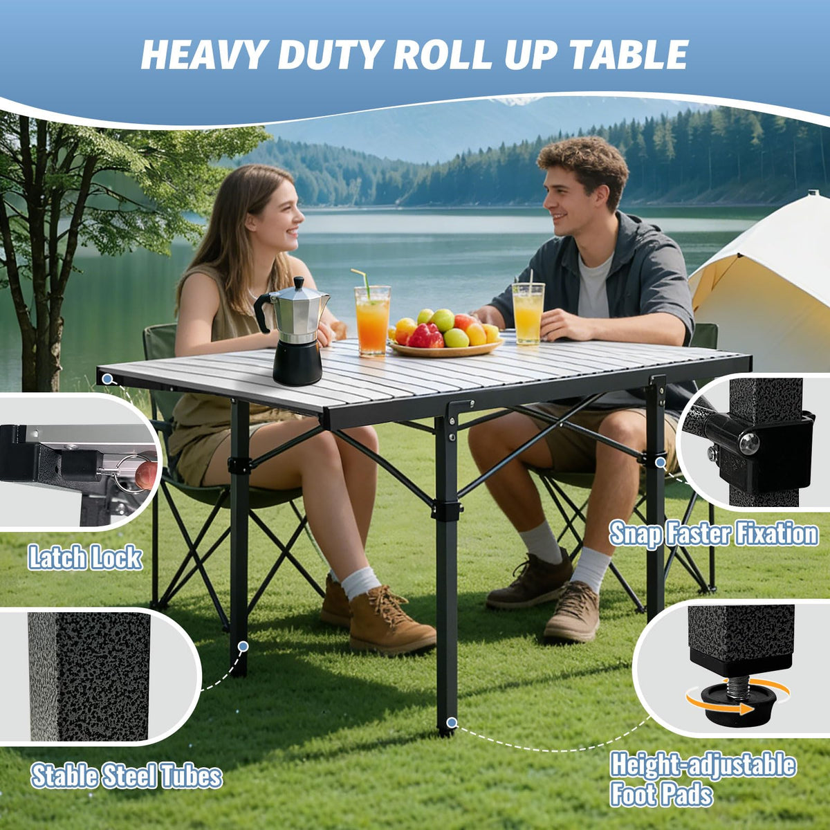 29.9" Tall Folding Camping Table for 2-6 Person, 54.7" Large Aluminum Foldable Roll-up Table Outdoor with Carry Bag for Picnic, Camp, Sturdy, Backyard, Patio F59726