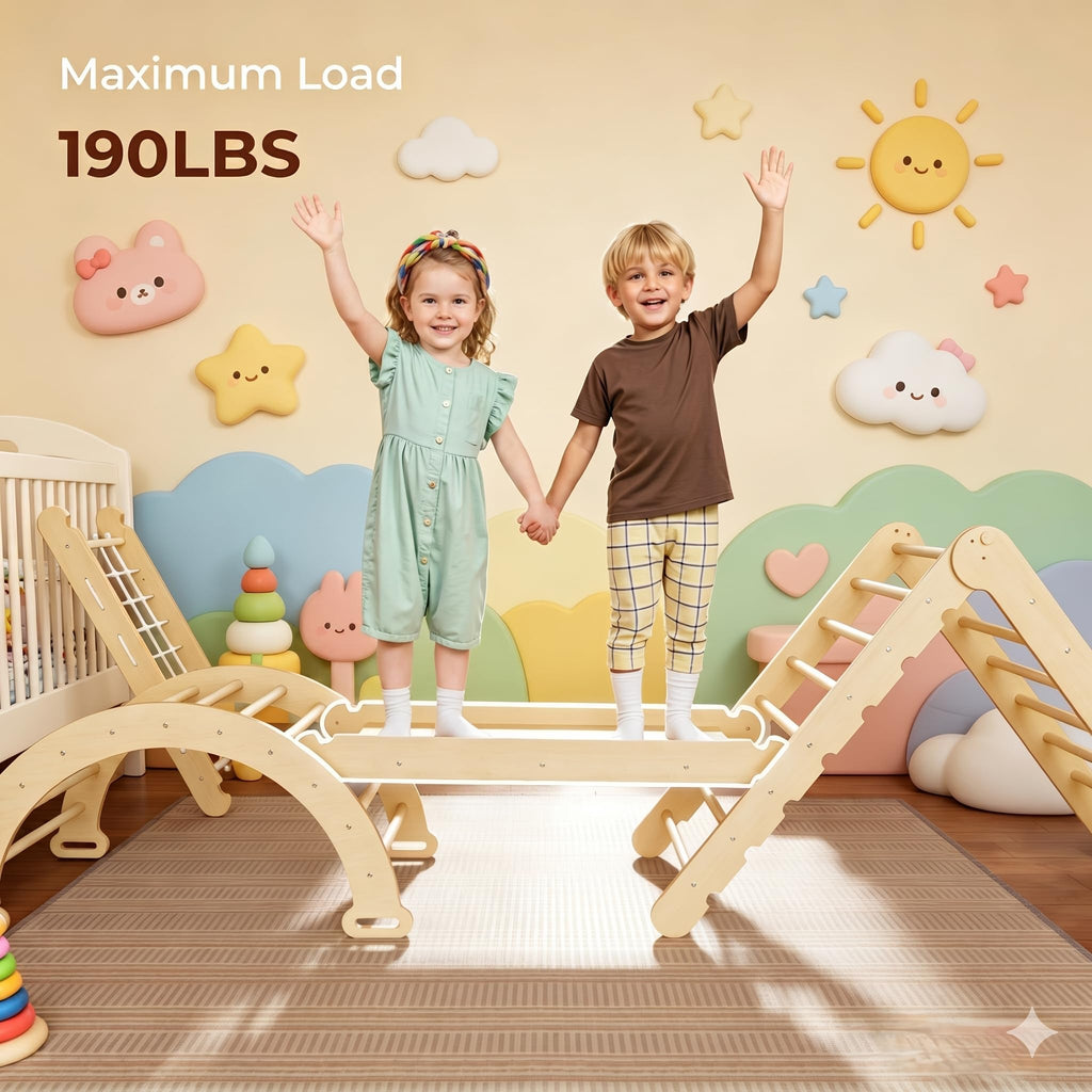 Foldable Wooden Climbing Set with Rope Net Ramp Arch N65130