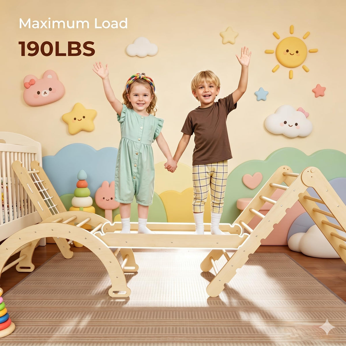 Foldable Wooden Climbing Set with Rope Net Ramp Arch N65130