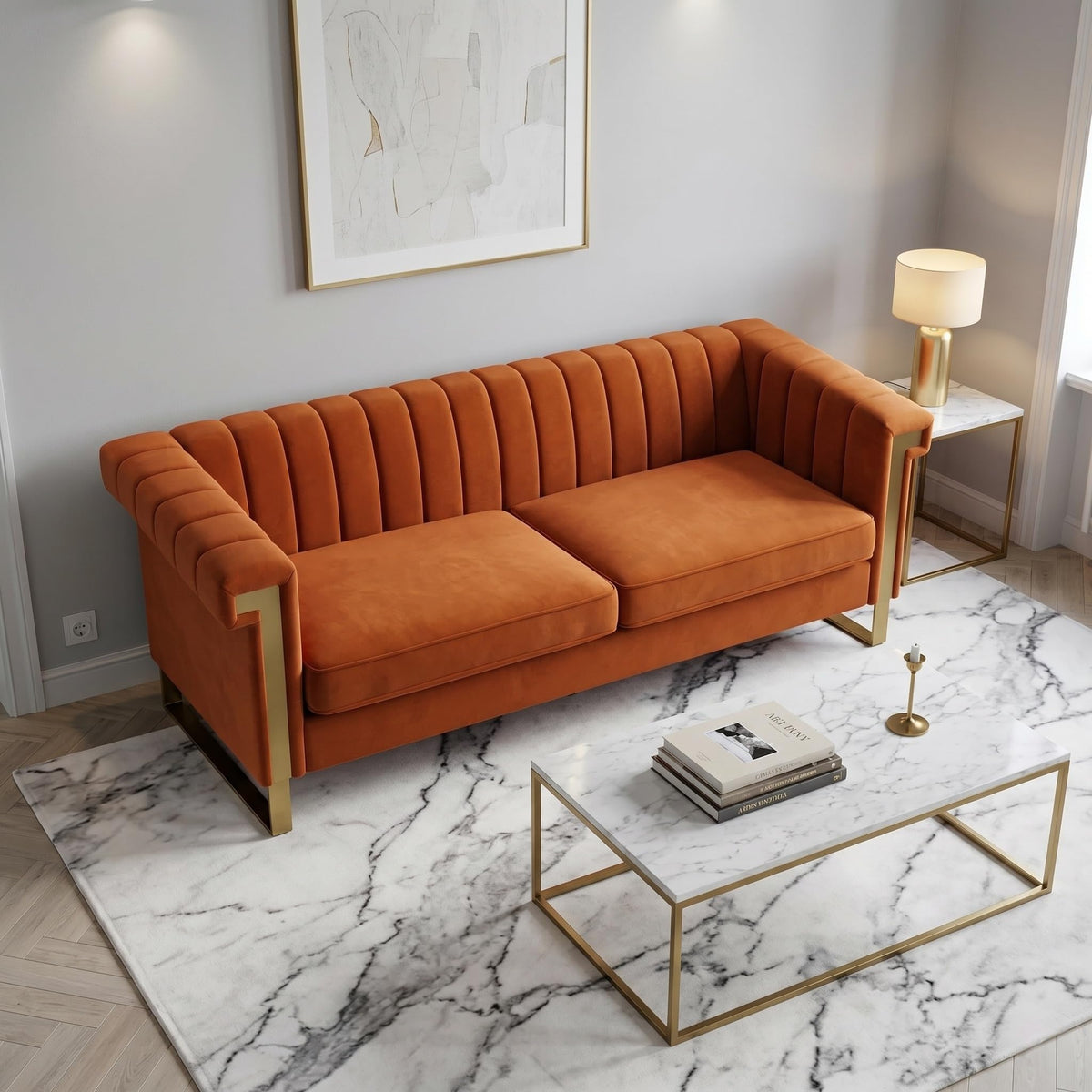 Orange Velvet 3 Seater Sofa with Gold Metal Legs M572