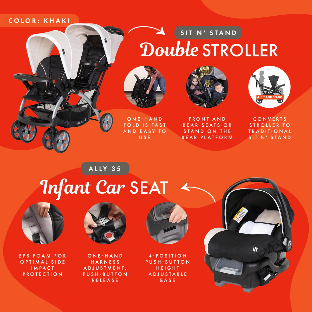 Khaki 3 Pc Double Stroller & 2 Car Seats N47776