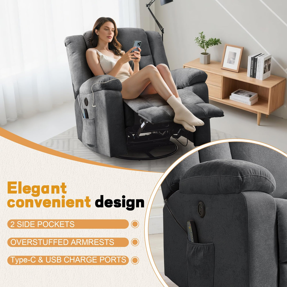 Grey Swivel Rocker Recliner with Massage and Heating E26613