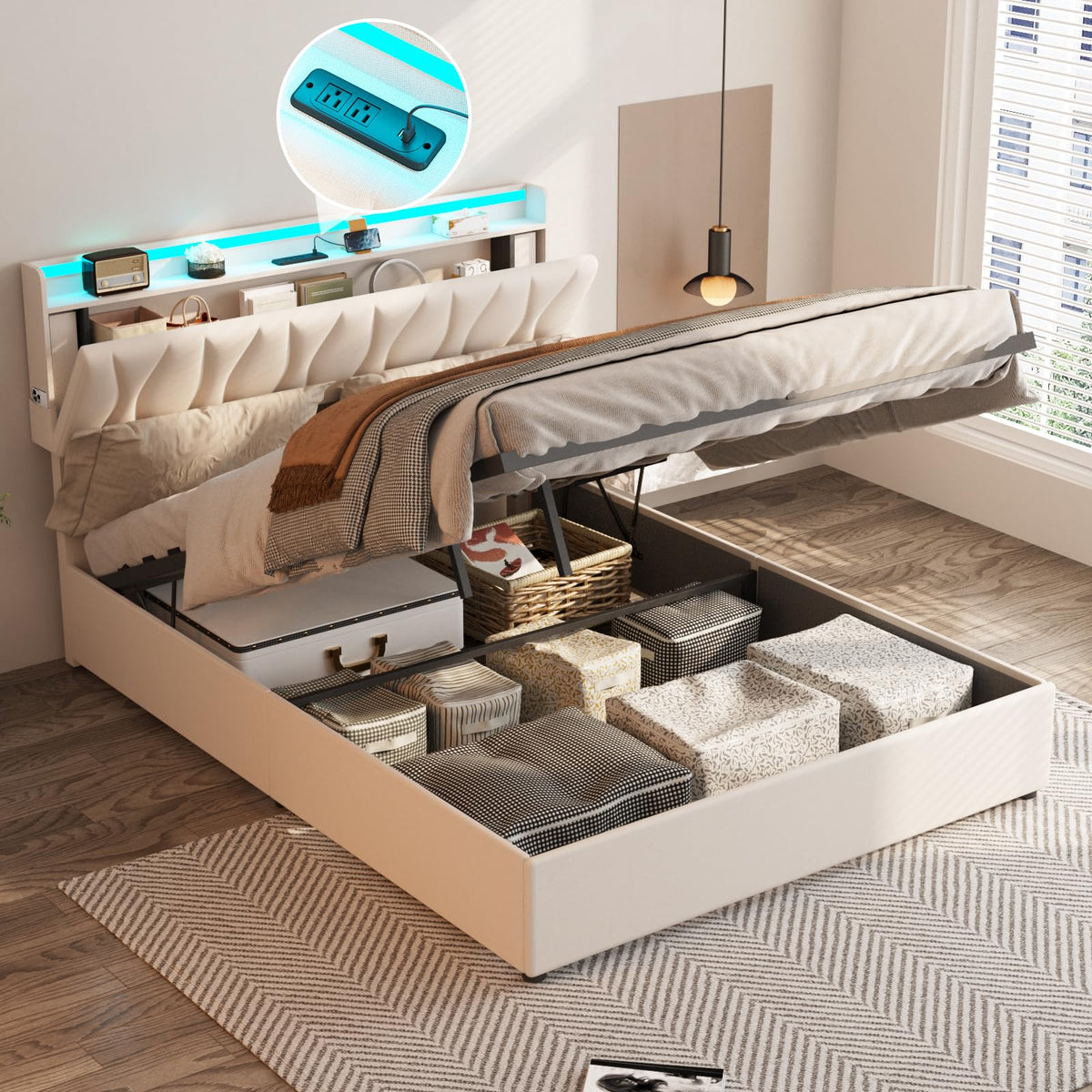 Beige Full Size Lift Up Storage Bed Frame with Charging Station D25786