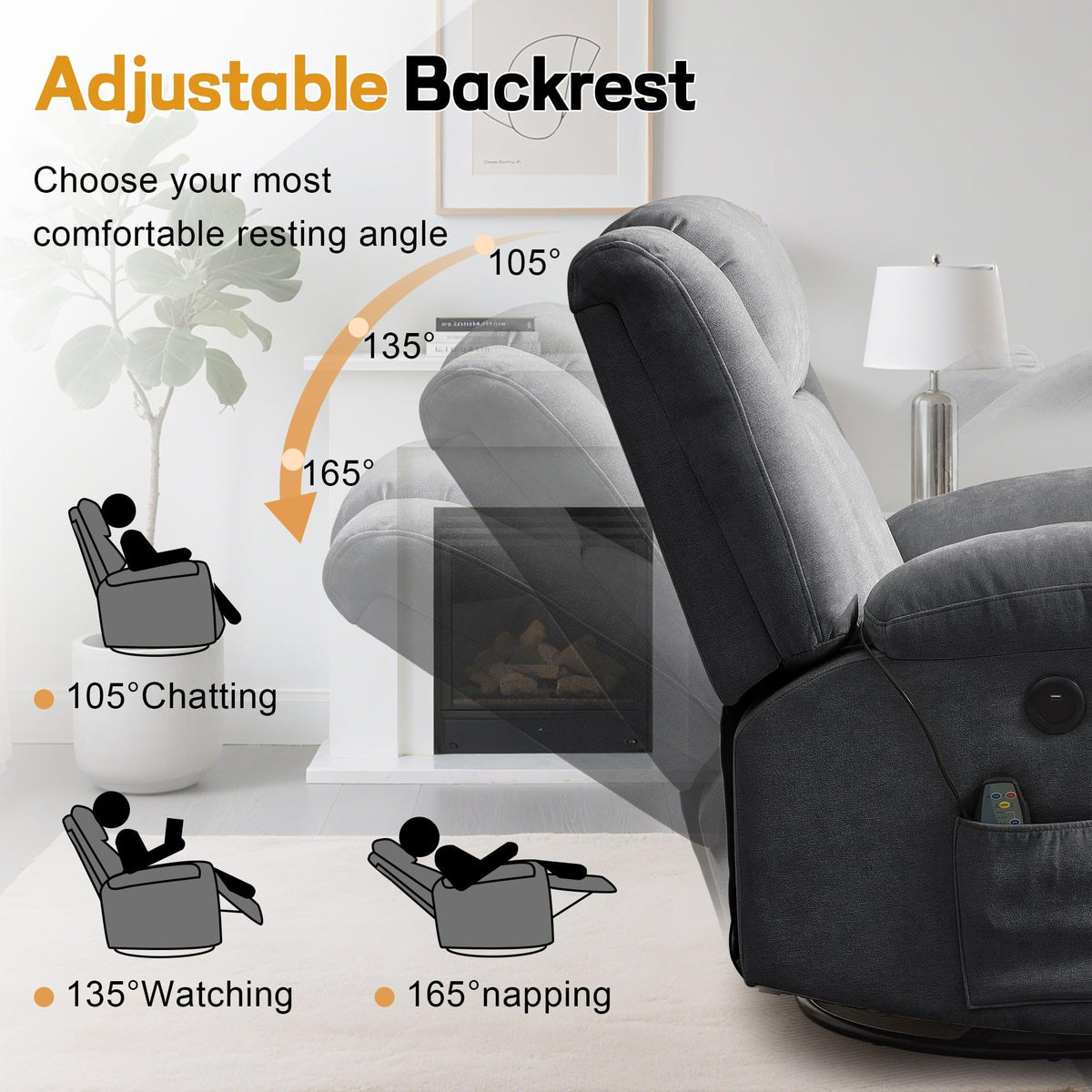 Grey Swivel Rocker Recliner with Massage and Heating E26613