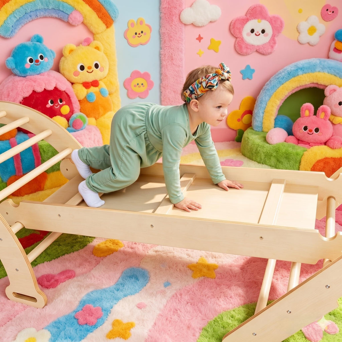 Foldable Wooden Climbing Set with Rope Net Ramp Arch N65130
