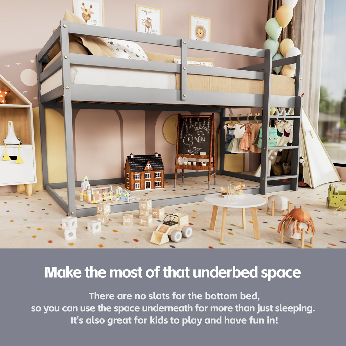 Low Twin Over Twin Wooden Bunk Bed with Ladder and Guardrails J591833