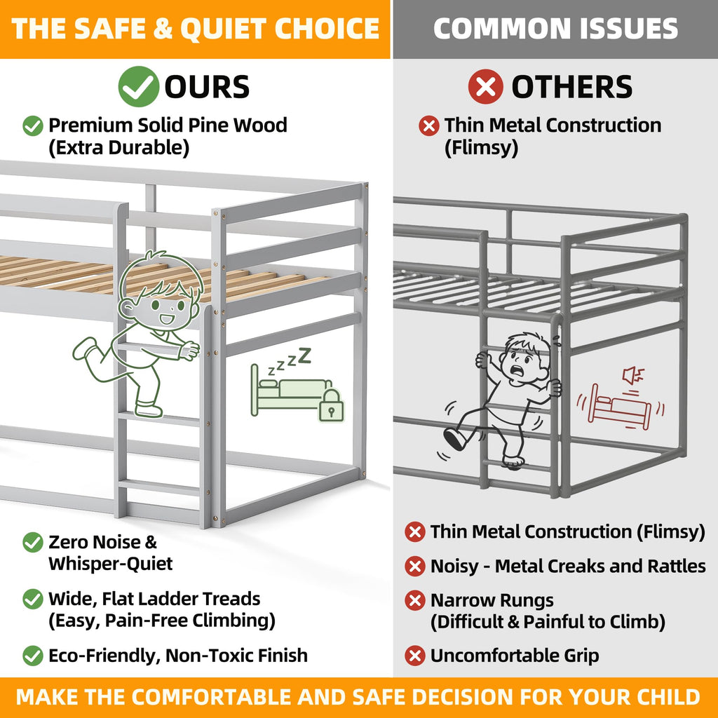 Low Twin Over Twin Wooden Bunk Bed with Ladder and Guardrails J591833