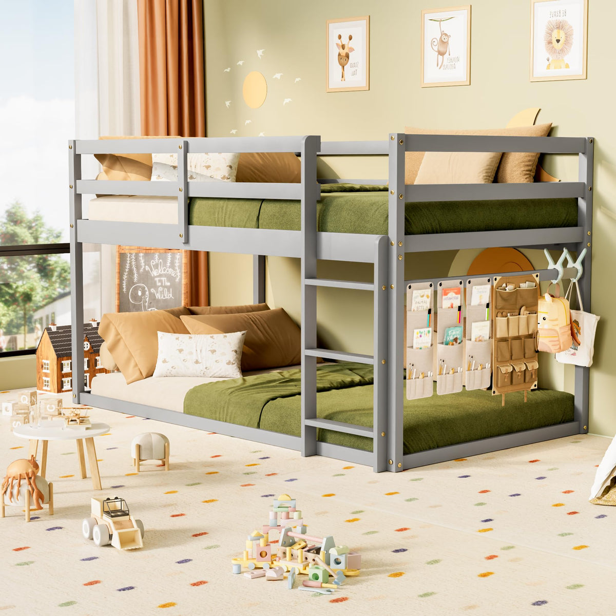 Low Twin Over Twin Wooden Bunk Bed with Ladder and Guardrails J591833