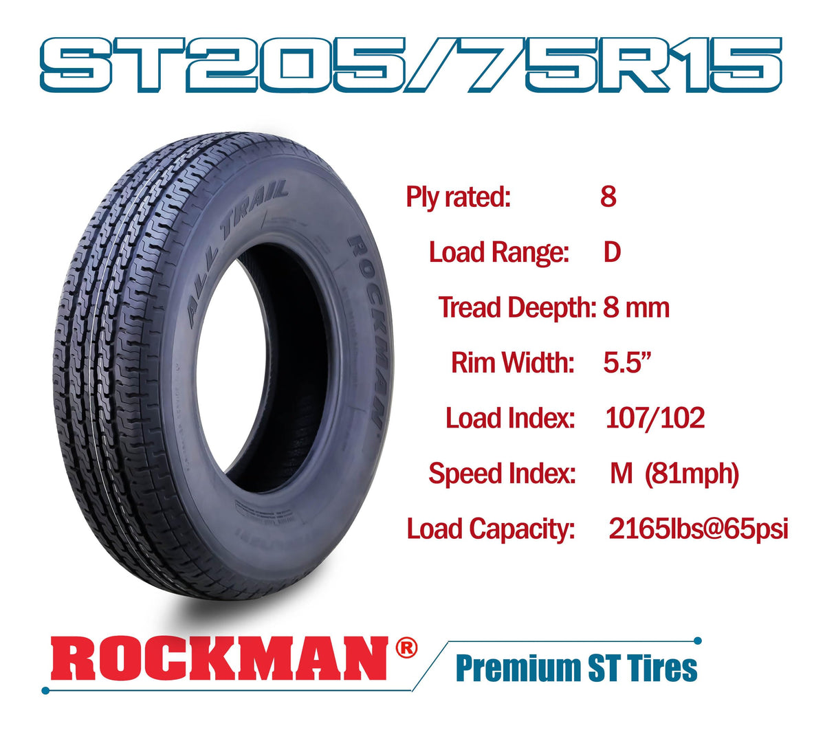 Trailer Tire Wheel ST205/75R15 8-Ply Silver Mod Rim U4275