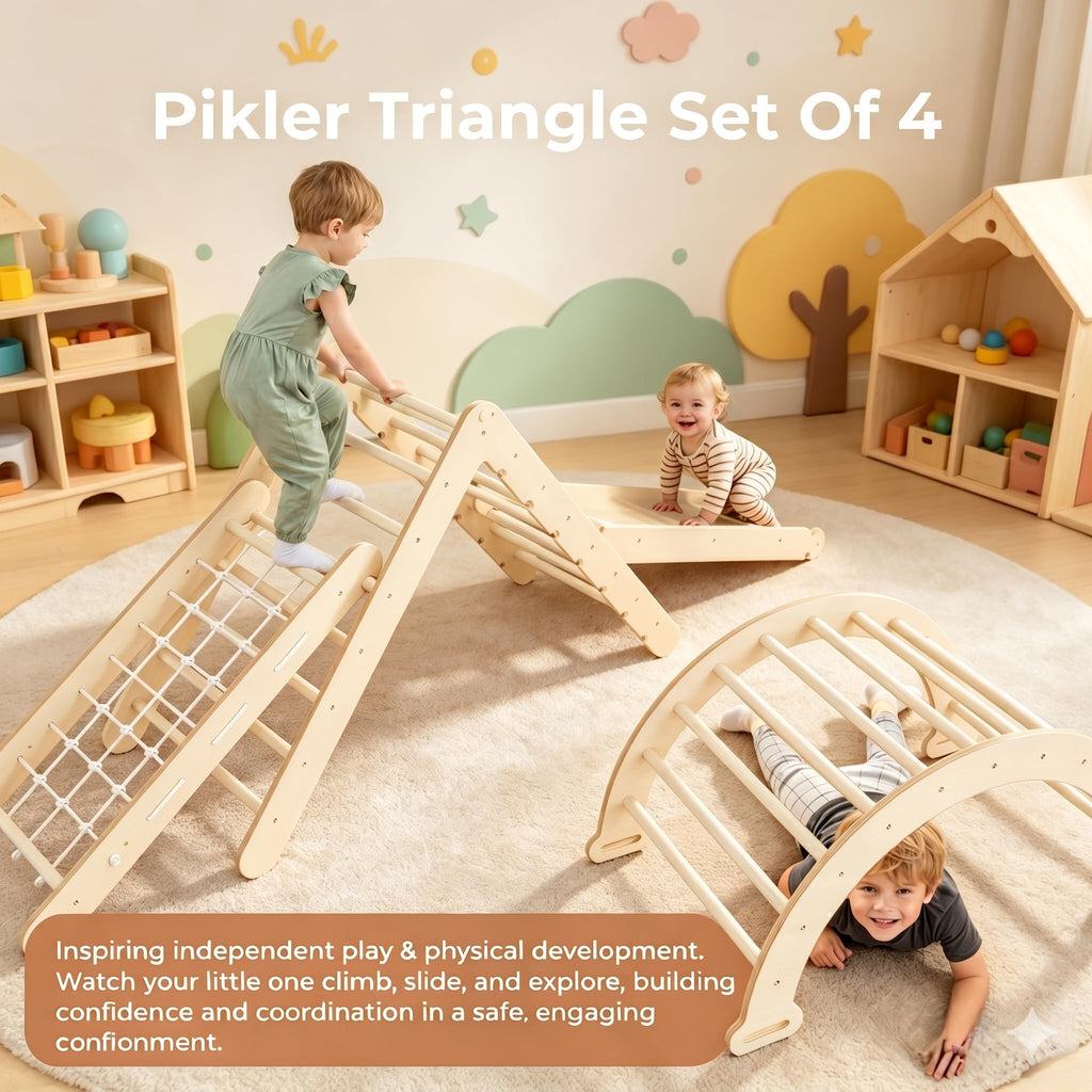 Foldable Wooden Climbing Set with Rope Net Ramp Arch N65130