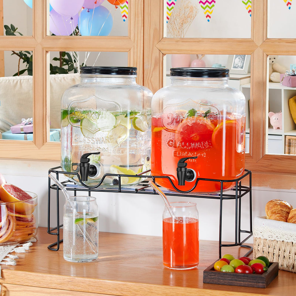 2pcs 1.5 Gallon Glass Drink Dispenser with Metal Stand J861105