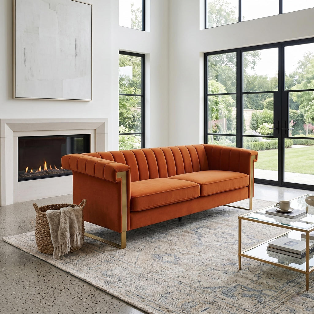 Orange Velvet 3 Seater Sofa with Gold Metal Legs M572