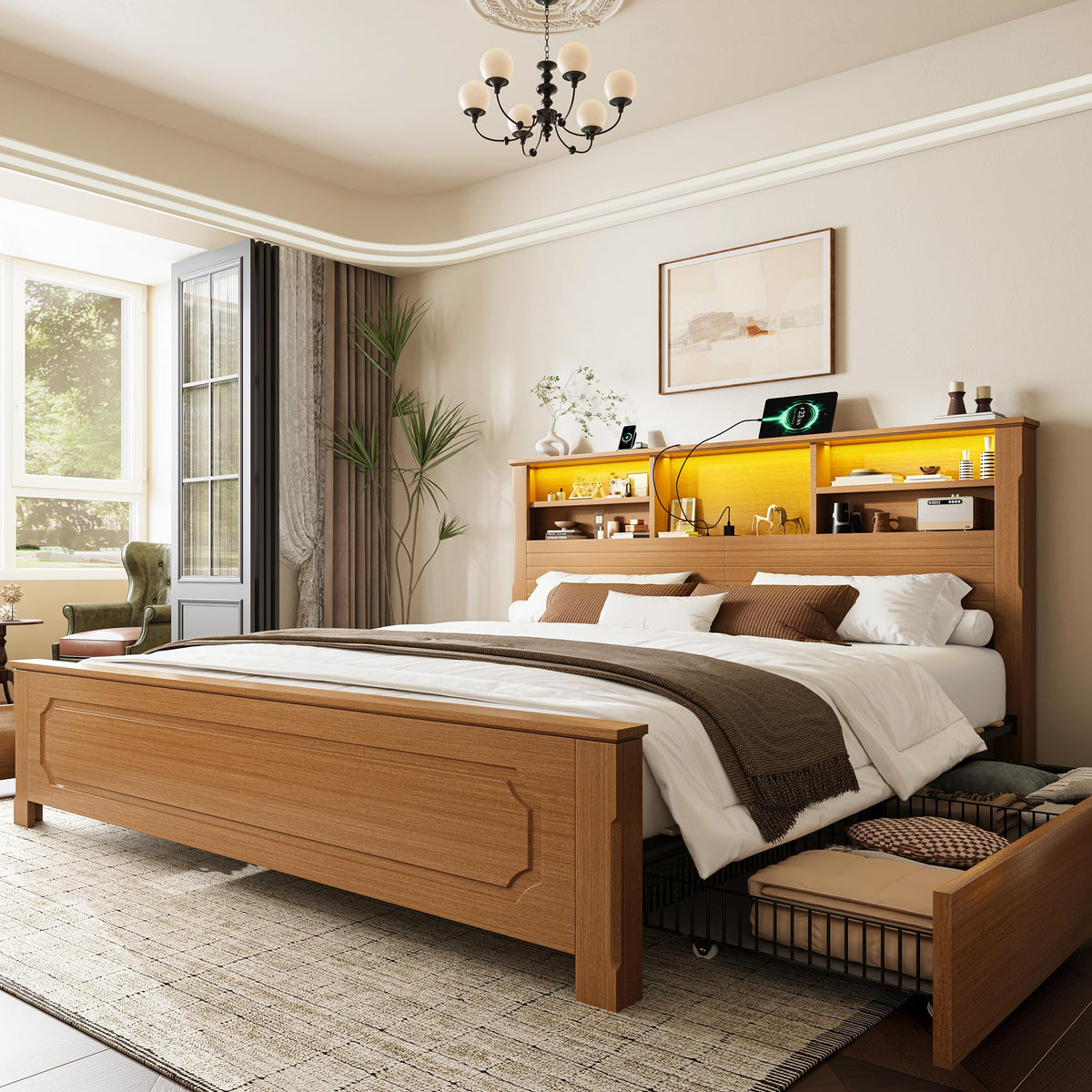 King Bed Frame with Headboard and Storage 4 Drawers Brown Z219149