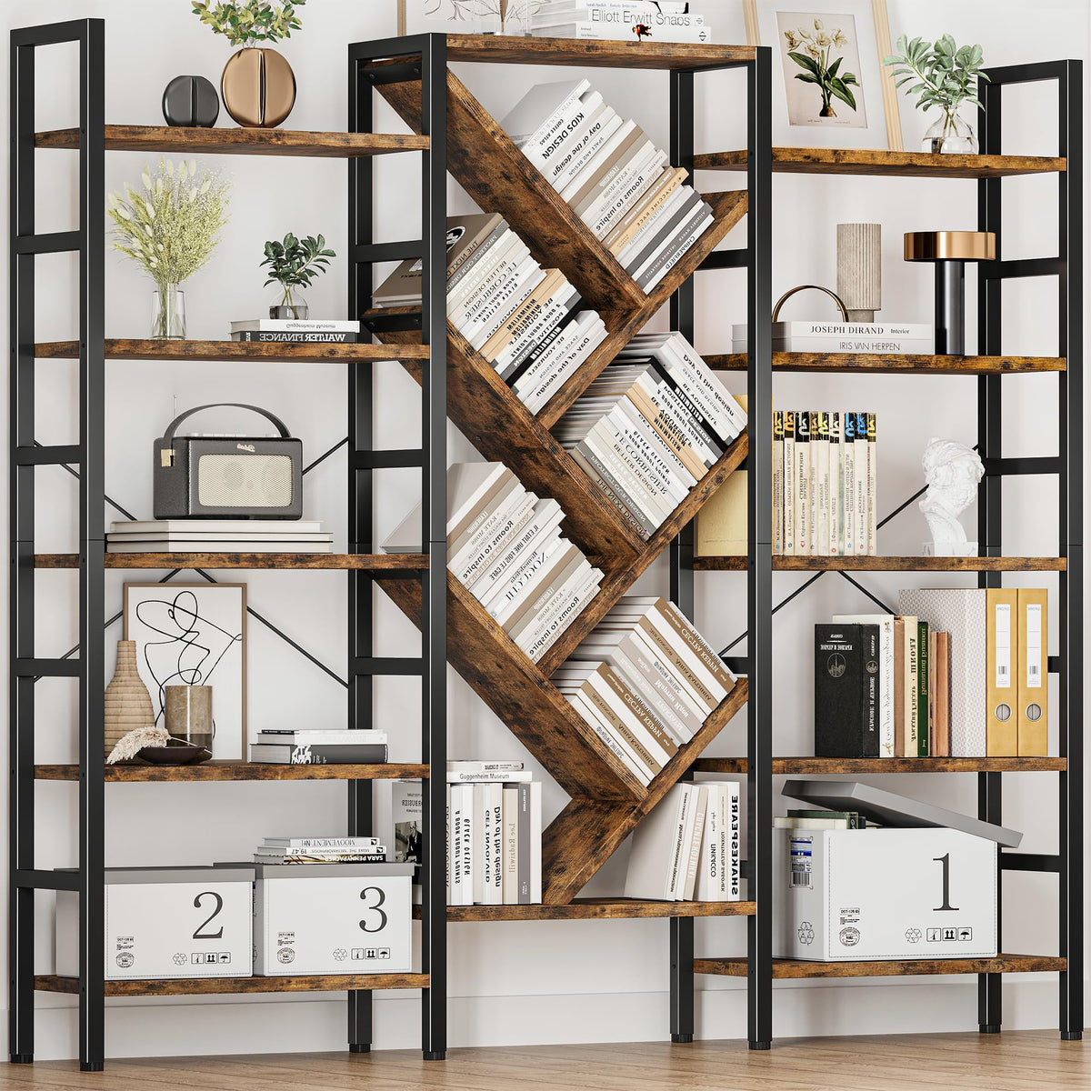 70x70 5 Tier Wooden Bookcase with 17 Open Shelf J783