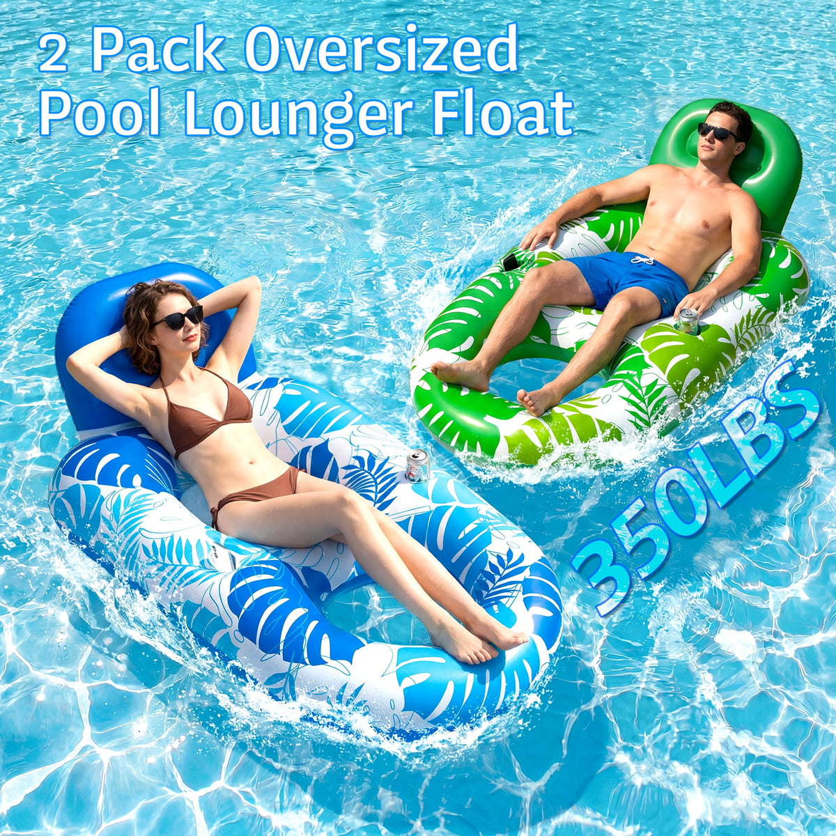 2 Pack Inflatable Pool Float Lounger with Cup Holder A46324