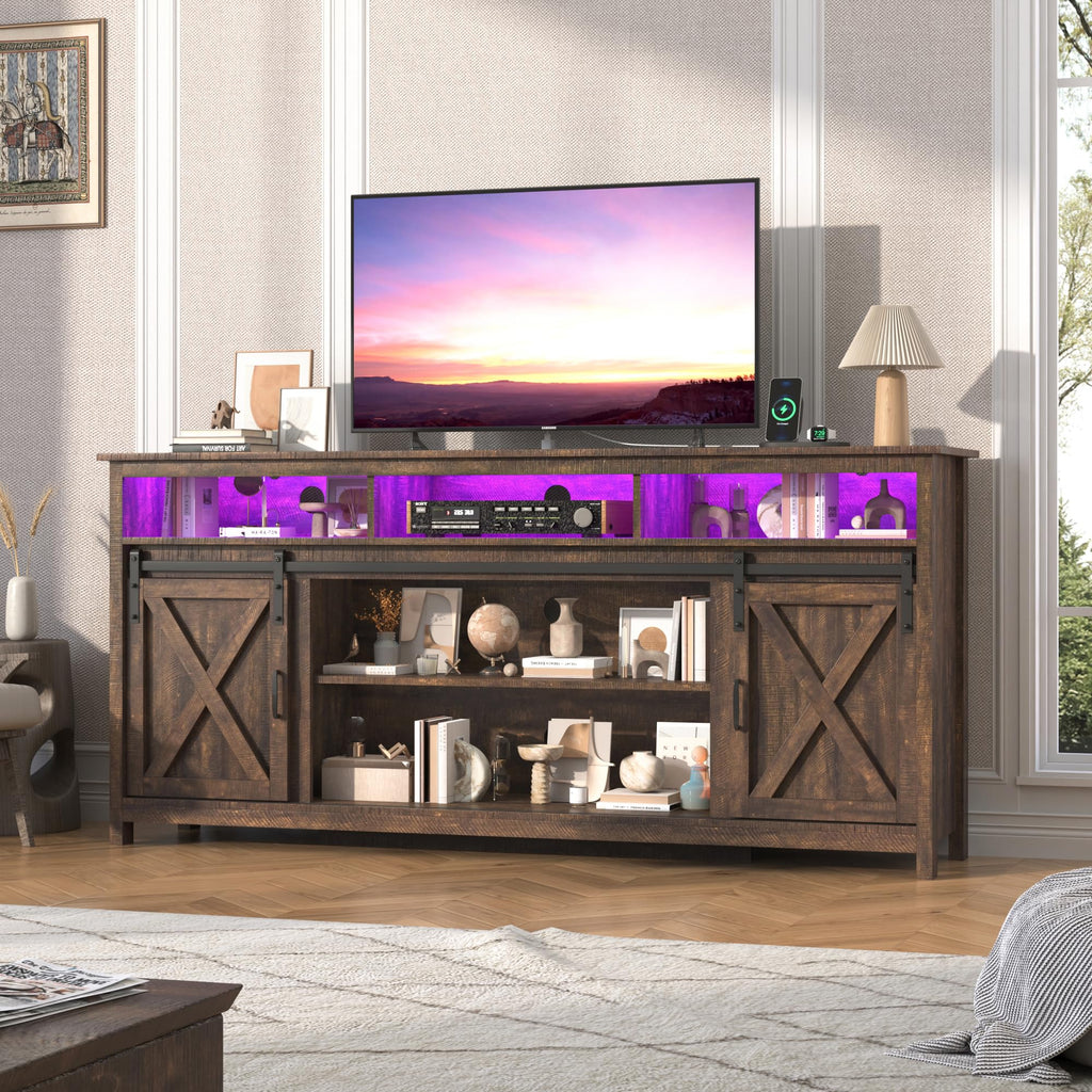 Farmhouse TV Stand with Power Outlet and Sliding Barn Doors F8924