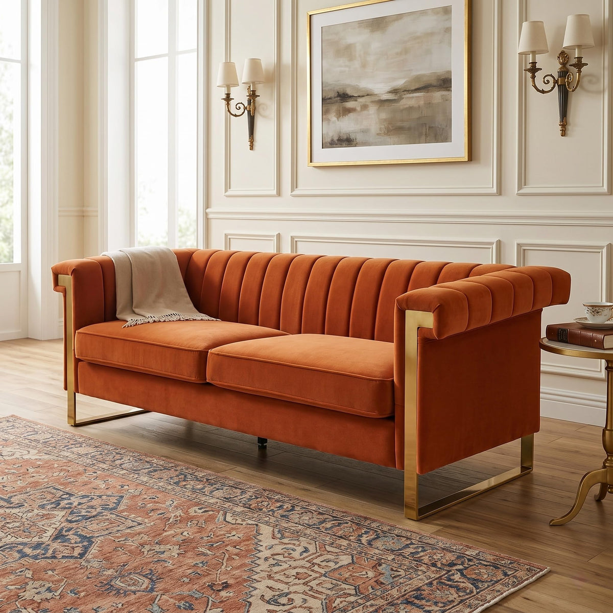 Orange Velvet 3 Seater Sofa with Gold Metal Legs M572