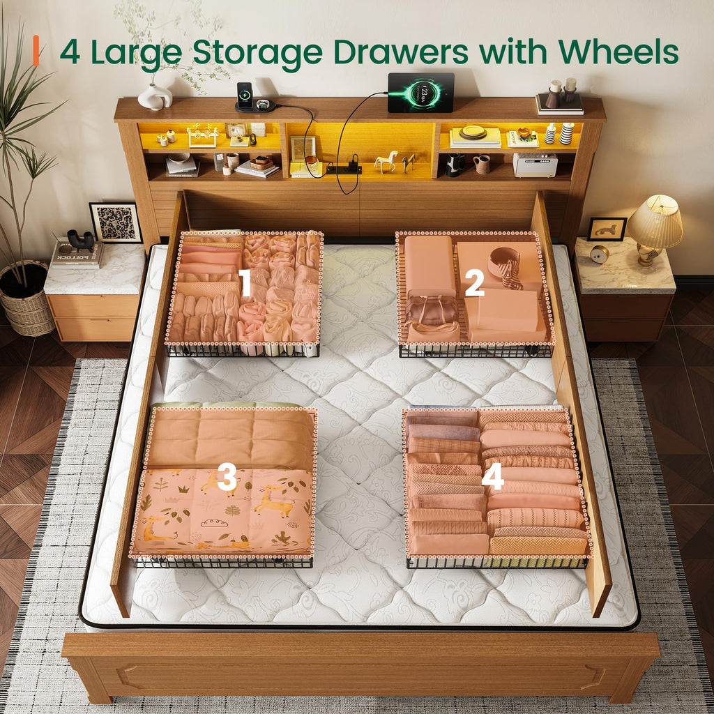 King Bed Frame with Headboard and Storage 4 Drawers Brown Z219149