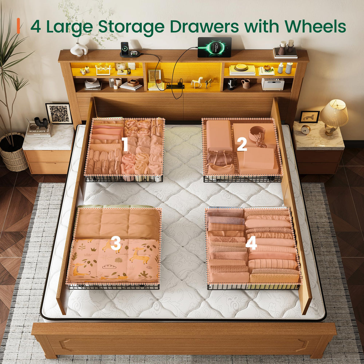 King Bed Frame with Headboard and Storage 4 Drawers Brown Z219149