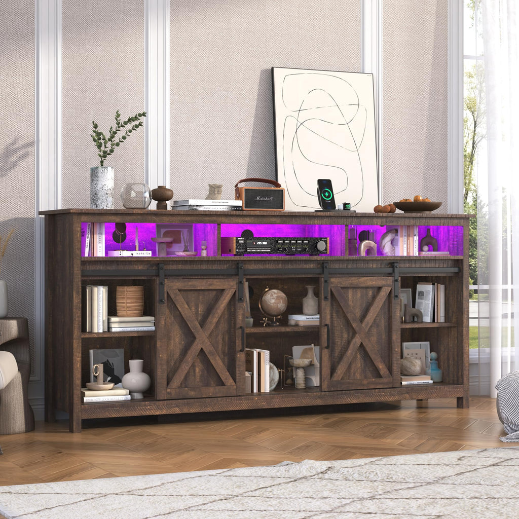 Farmhouse TV Stand with Power Outlet and Sliding Barn Doors F8924