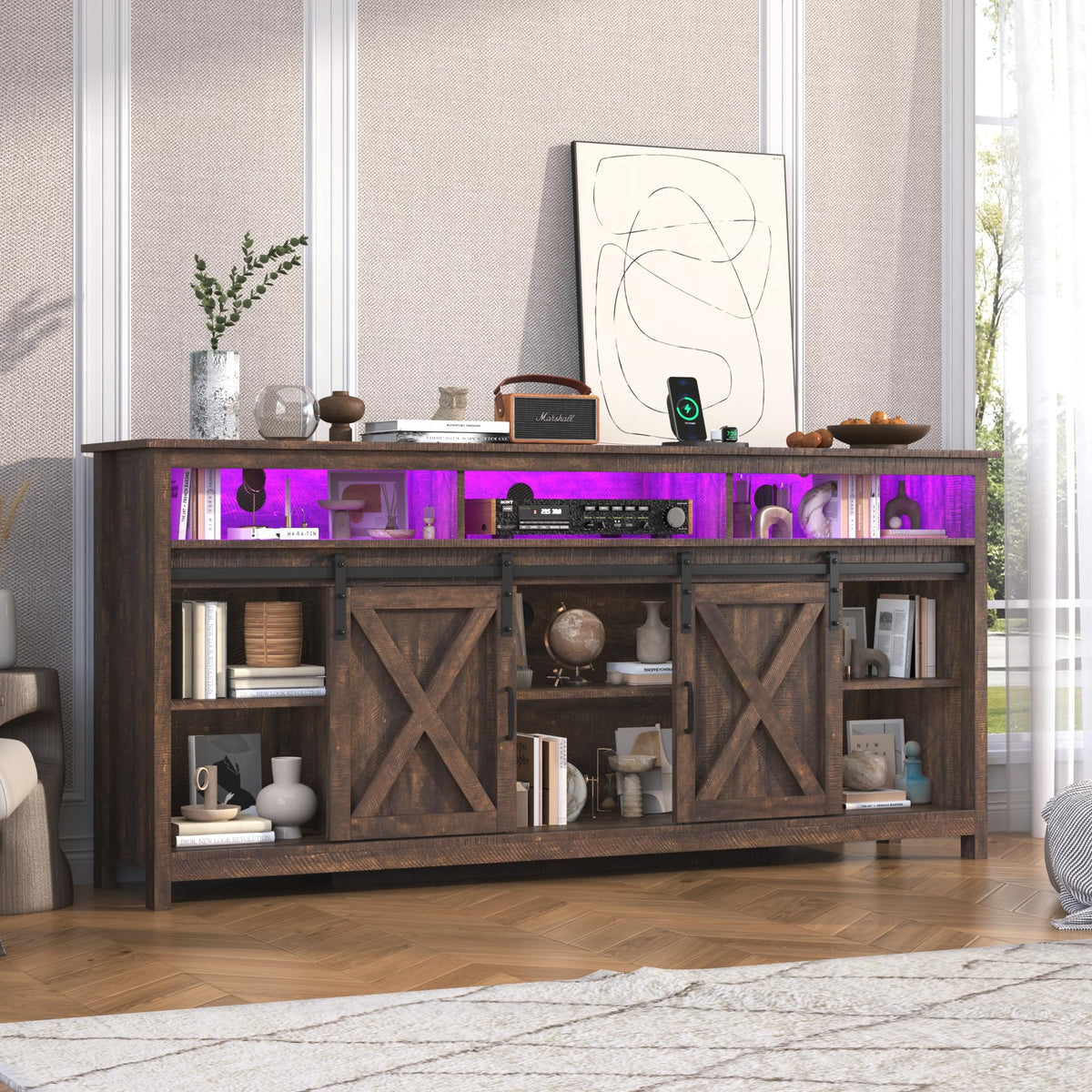 Farmhouse TV Stand with Power Outlet and Sliding Barn Doors F8924
