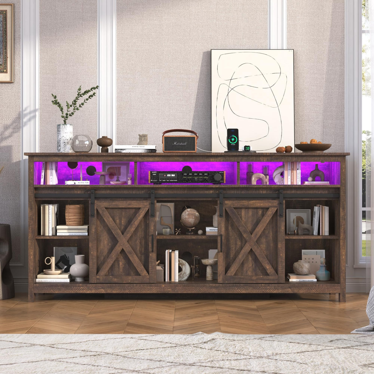 Farmhouse TV Stand with Power Outlet and Sliding Barn Doors F8924