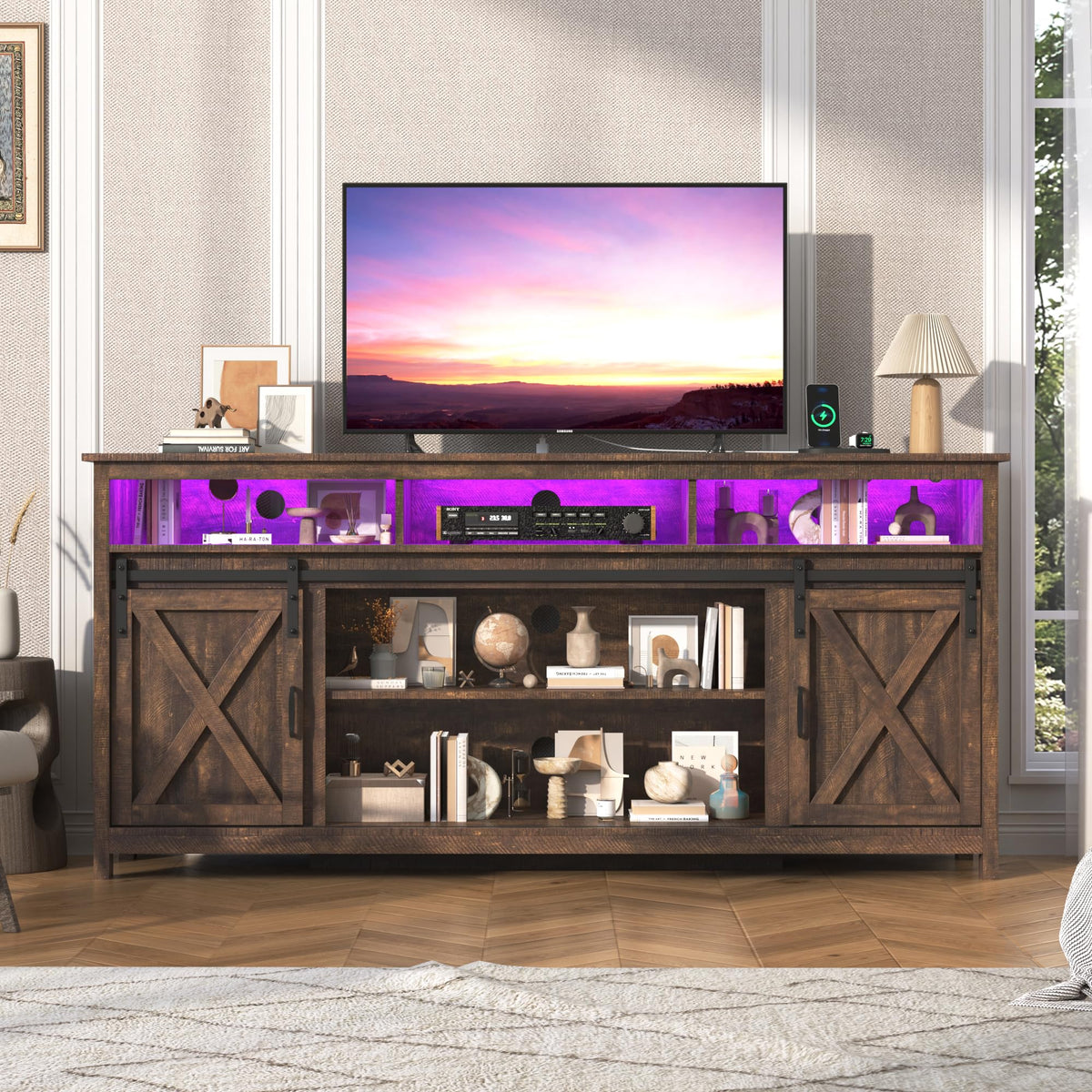 Farmhouse TV Stand with Power Outlet and Sliding Barn Doors F8924