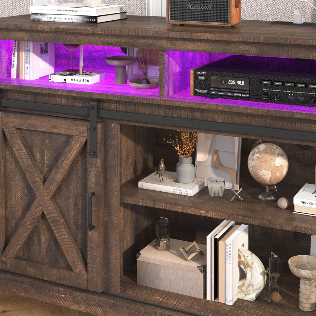 Farmhouse TV Stand with Power Outlet and Sliding Barn Doors F8924