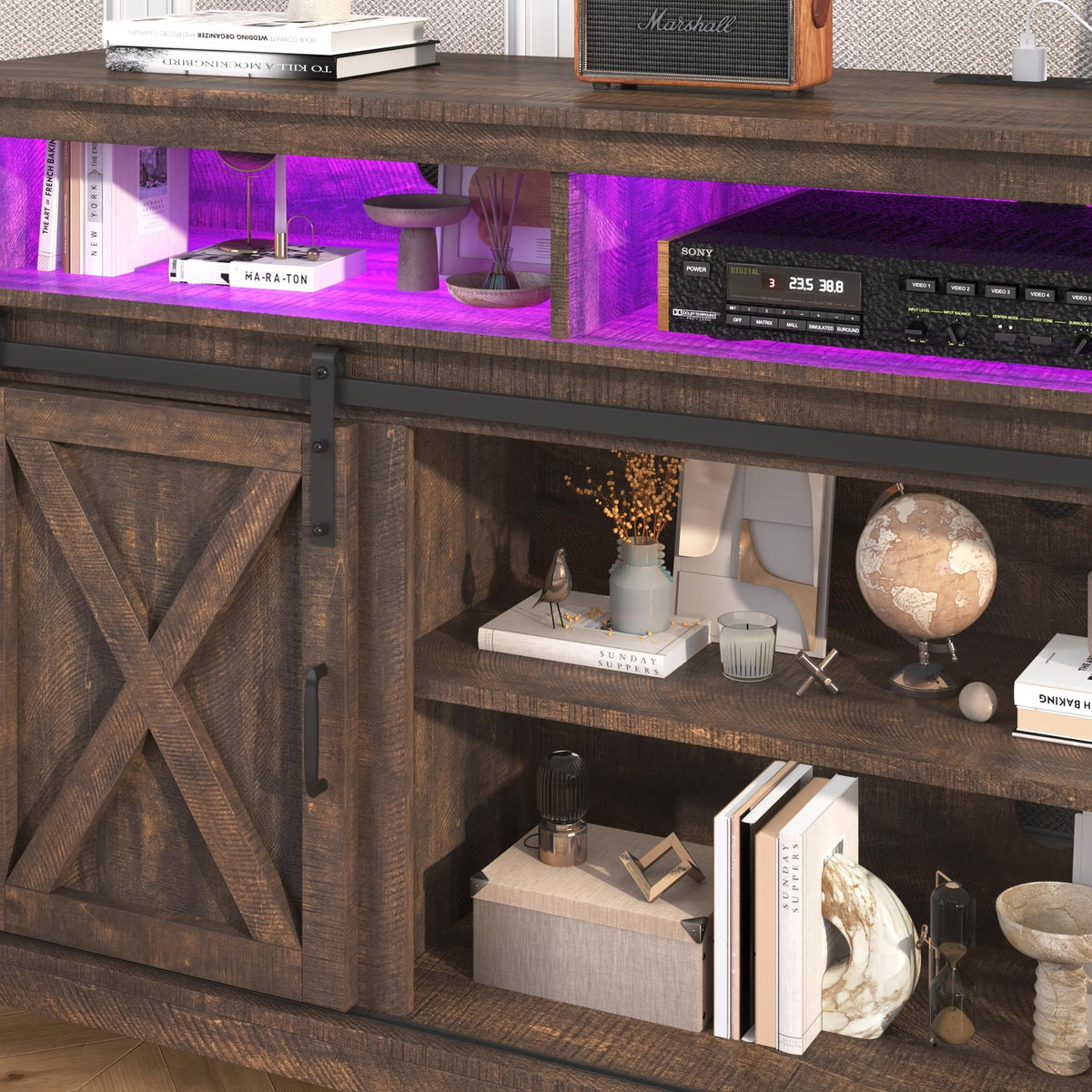 Farmhouse TV Stand with Power Outlet and Sliding Barn Doors F8924