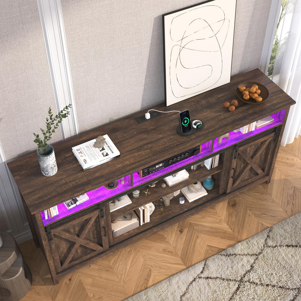 Farmhouse TV Stand with Power Outlet and Sliding Barn Doors F8924